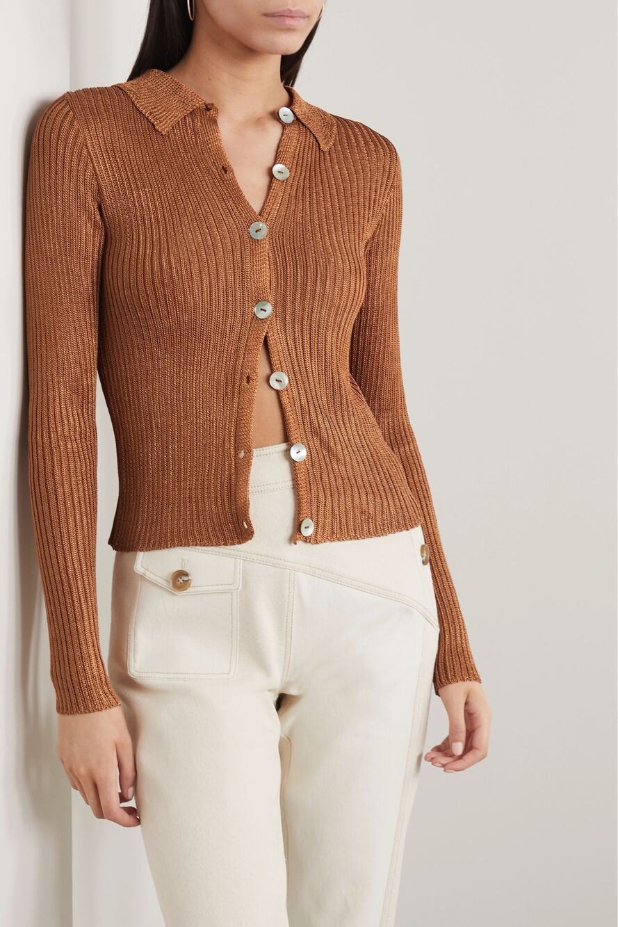 Calle Del Mar | Ribbed Cardigan in Penny Terracotta Brown Collared Knit S